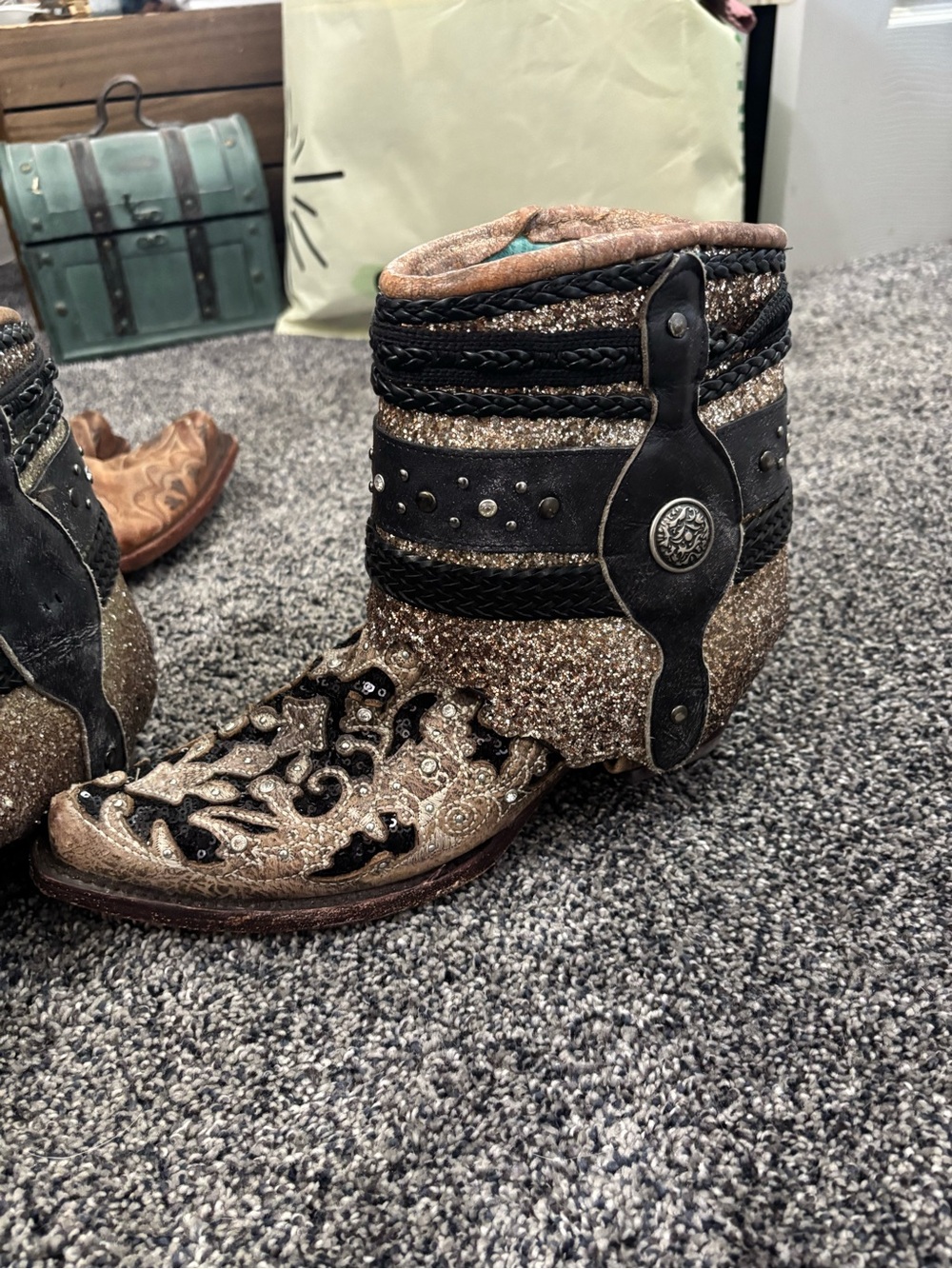 Corral Metallic Bronze and Black Embroidered Ankle Booties - Picture 2 of 2